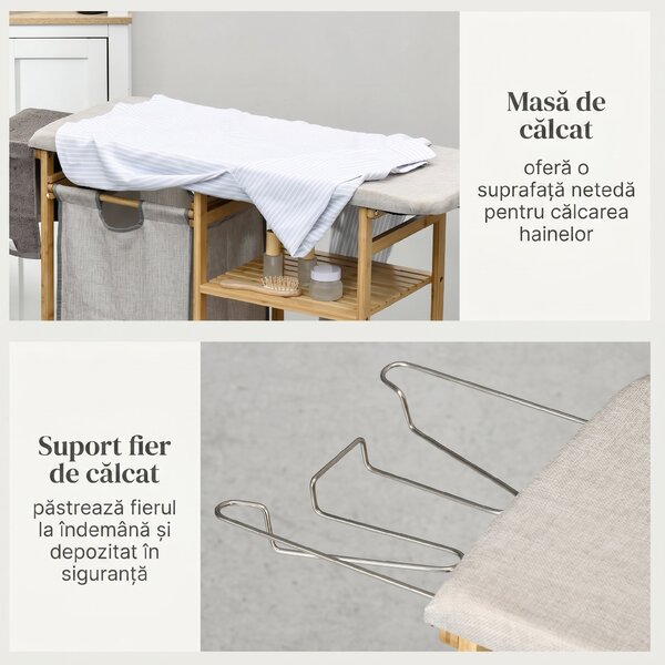 HOMCOM Coș de Rufe din Bambus cu Masă de Călcat și Suport de Călcat, Coș de Rufe cu Raft cu 3 Niveluri, 113x34x82 cm, Gri