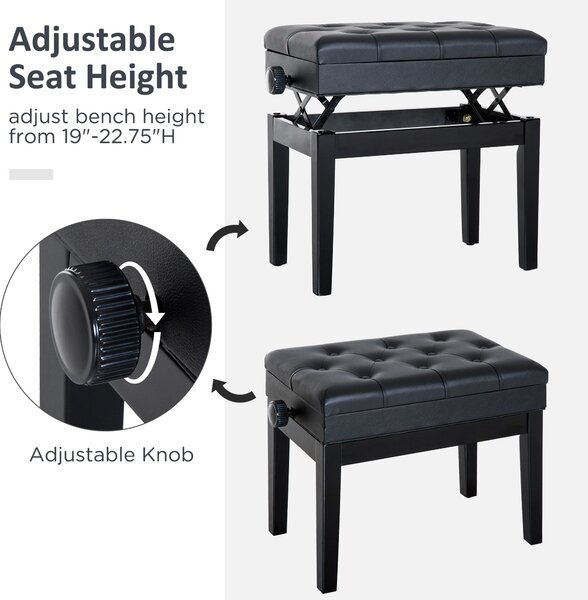 HOMCOM Băncuță Pian Elegantă cu Spațiu de Depozitare, Înălțime Ajustabilă, Negru, 54.5x33x48-58cm | Aosom Romania