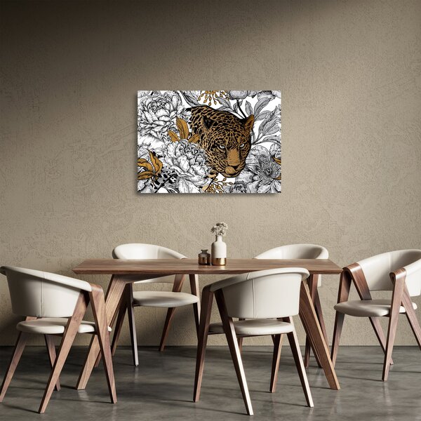 Tablou pe sticlă - Leopard între flori (70x50 cm)