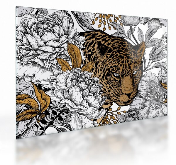 Tablou pe sticlă - Leopard între flori (70x50 cm)