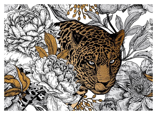 Tablou pe sticlă - Leopard între flori (70x50 cm)