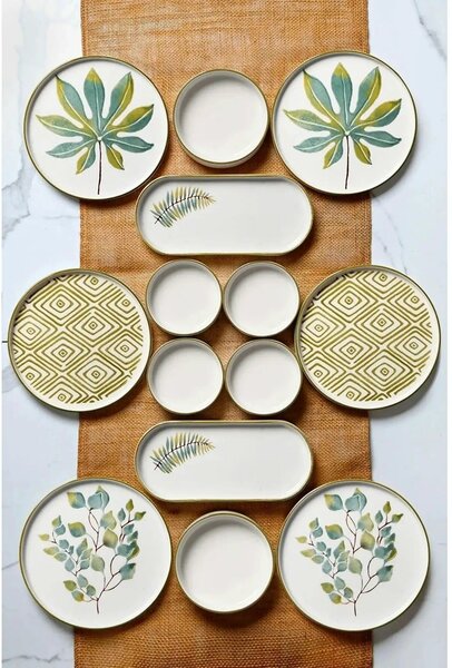 Set mic dejun MCH009904, 14 piese, alb/verde/galben, ceramica