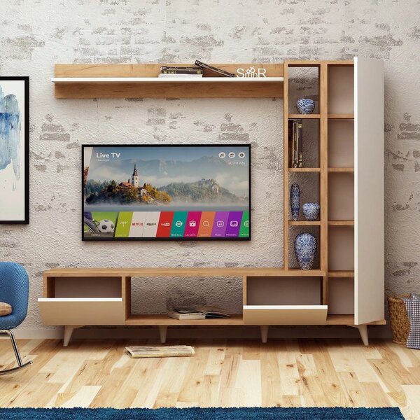 Mobilier living RAMBUTY, alb/stejar, PAL melaminat, 3 piese, 170x37x15