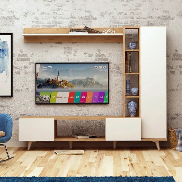 Mobilier living RAMBUTY, alb/stejar, PAL melaminat, 3 piese, 170x37x15
