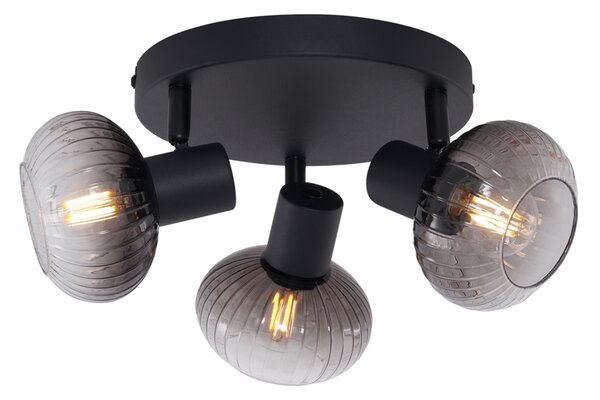 Spotlight modern pentru tavan negru cu sticlă fumuriu rotundă 3 lumini - Teddy