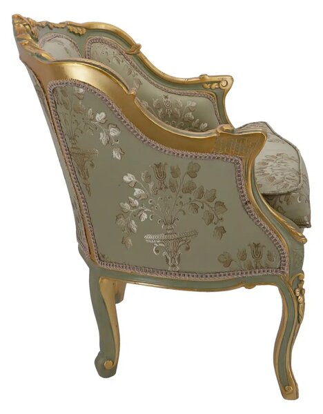 Fotoliu baroc din lemn sculptat, tapiterie damasc, finisaje aurii Design clasic elegant