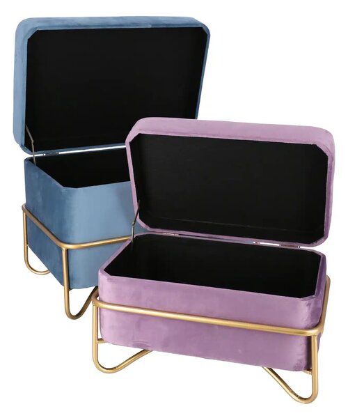 Set elegant Luna de taburete cu spatiu de depozitare, catifea si baza metalica aurie 2 piese