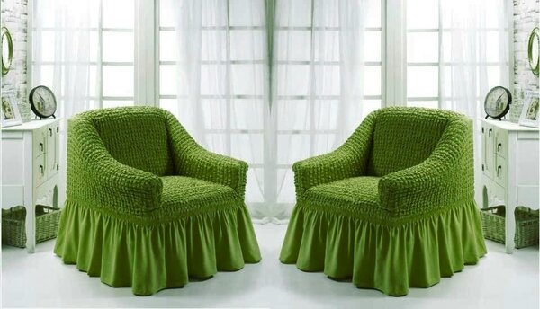 Set 2 huse elastice si creponate pentru fotolii, cu volanas, culoare Verde