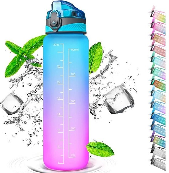 Sticla de apă gradata, cu pai, 1 l, deschidere cu un singur clic, potrivită pentru sport, yoga, camping, ciclism si viata de familie (albastru violet)