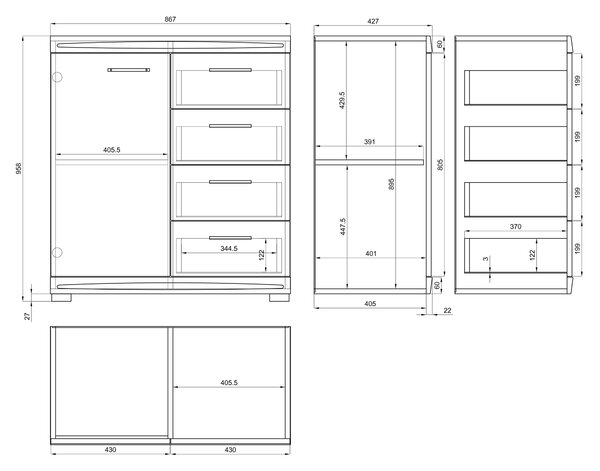 Mazzoni Comodă îngustă SIMPLE KD1SZ4 Beton Millennium/Alb Luciu - DULAP LIVING CU 4 SERTARE