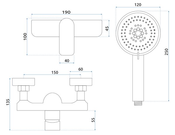 Rea Dart, baterie de duș de perete 150 mm cu set de duș manual, crom, REA-B3303
