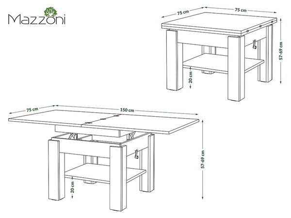 Mazzoni CLEO Stejar Craft Auriu/Negru Mat - MĂSUȚĂ EXTENSIBILĂ CU RIDICAREA BLATULUI MĂSUȚĂ DE CAFEA