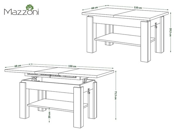 Mazzoni ASTORIA Stejar Sonoma/Alb Mat - MĂSUȚĂ EXTENSIBILĂ MĂSUȚĂ DE CAFEA CU RAFT