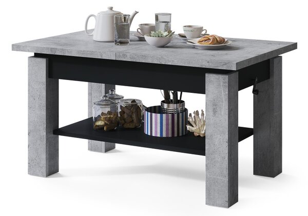 Mazzoni ASTORIA Beton Millennium/Negru Mat - MĂSUȚĂ EXTENSIBILĂ MĂSUȚĂ DE CAFEA CU RAFT