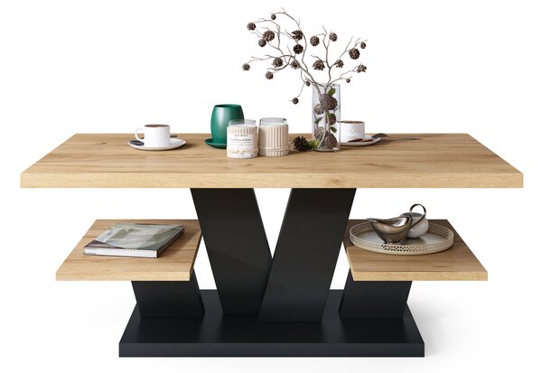 Mazzoni VIVA MAT Stejar Craft Auriu/Negru - MĂSUȚĂ DE CAFEA MODERNĂ CU RAFTURI