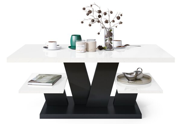 Mazzoni VIVA Alb Luciu/Negru Mat - MĂSUȚĂ DE CAFEA MODERNĂ CU RAFTURI
