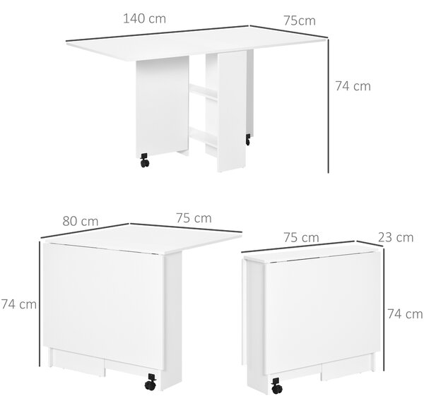 HOMCOM Masă Pliabilă pentru 4-6 Persoane cu 2 Roți și 2 rafturi depozitare, 140x75x74cm, Alb | Aosom Romania