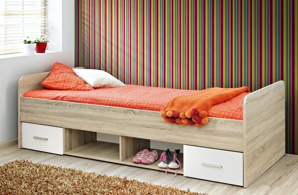 Pat de o persoană 90 cm Daron 23 DSW DI-04 (stejar sonoma + alb) (cu sertare). 1024527