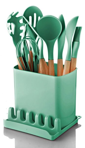 Set 11 ustensile cu suport si cutie C-SLC1301, verde/stejar, plastic/l