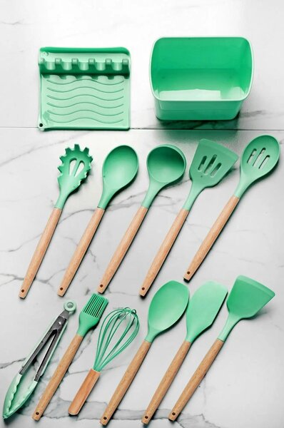Set 11 ustensile cu suport si cutie C-SLC1301, verde/stejar, plastic/l