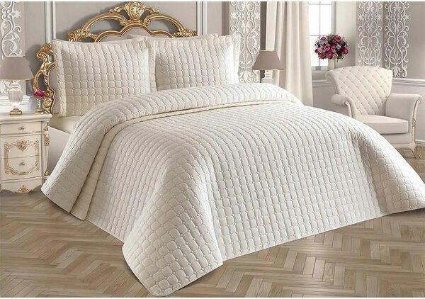 Set cuvertura pat dublu ESTIVA, crem, bumbac, 250x260 cm, cu 2 fete de