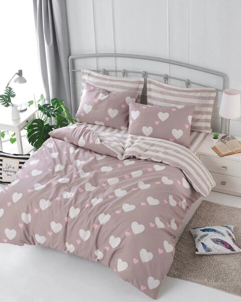 Set lenjerie pat HERZ, bumbac/poliester, roz pudra/alb, 220x240 cm, cu