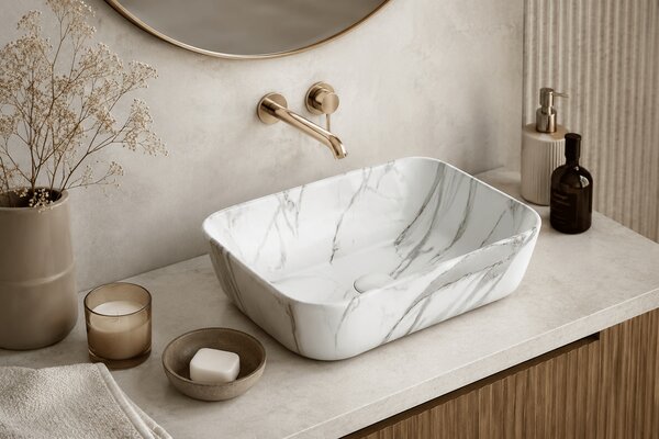 Lavoar baie pe blat rectangular marmorat Alb, 8509MA