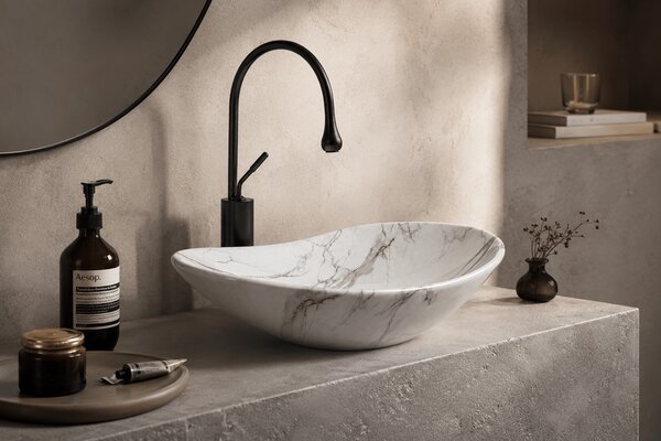 Lavoar baie oval pe blat design marmura alb 8060M