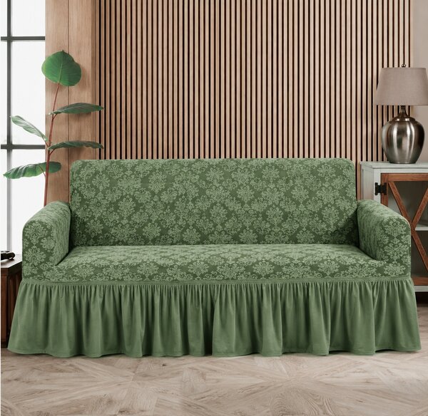 Husa elastica pentru canapea 3 locuri, cu volanas, model Jacquard, Verde