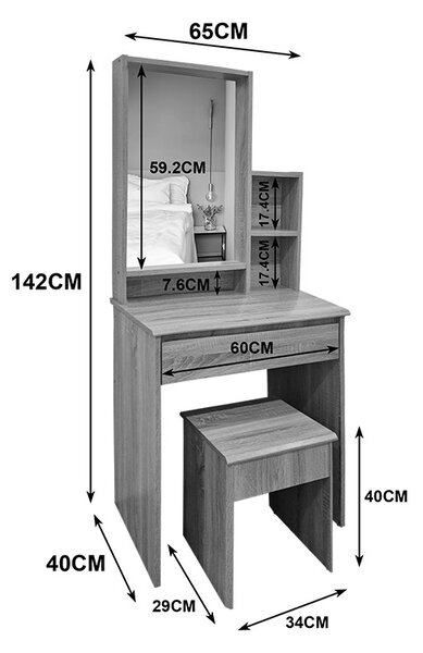 Set 2 bucati Masa de machiaj cu taburet, Larnia, Stejar, 40x65x142 cm