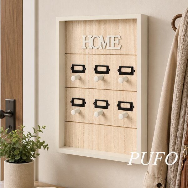 Cutie suport pentru 6 chei Pufo Home, organizator decorativ de perete din lemn, crem, pentru hol, casa sau birou
