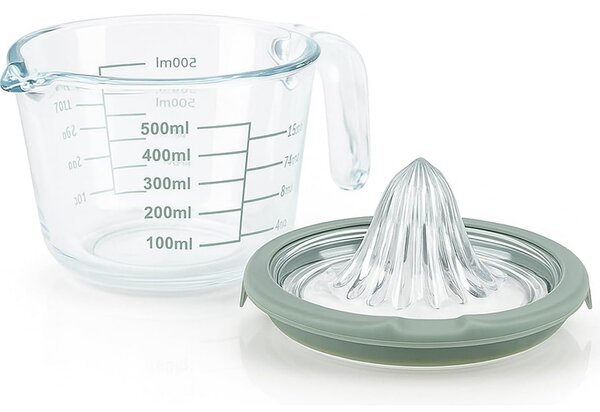 Cana gradata de masurare Pufo din sticla cu maner si storcator pentru citrice, 500 ml, transparent