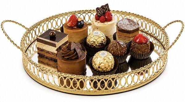 Tava eleganta Pufo Golden cu oglinda si manere aurii pentru servire prajituri, desert, aperitive si decor masa, 25 cm