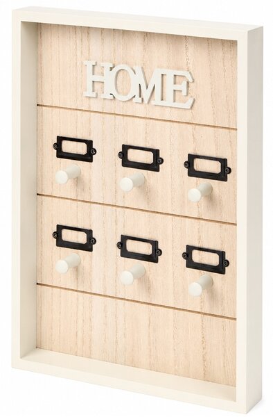 Cutie suport pentru 6 chei Pufo Home, organizator decorativ de perete din lemn, crem, pentru hol, casa sau birou
