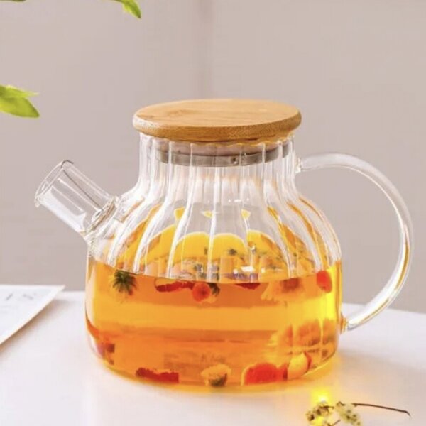 Ceainic Pufo din sticla cu capac din lemn, 1L- ideal pentru ceai, infuzii si servire eleganta