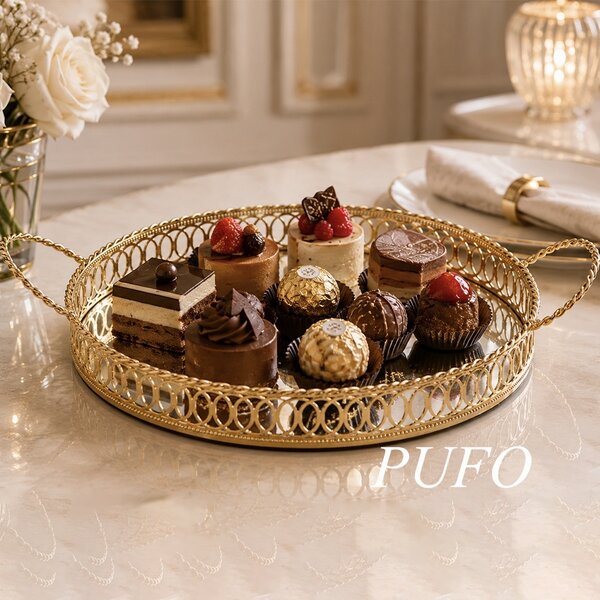 Tava eleganta Pufo Golden cu oglinda si manere aurii pentru servire prajituri, desert, aperitive si decor masa, 25 cm