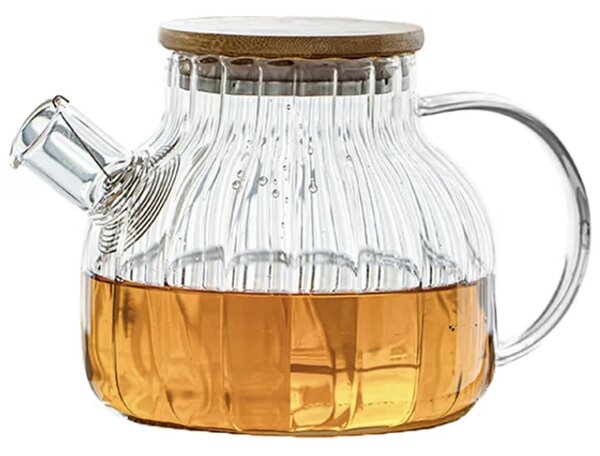 Ceainic Pufo din sticla cu capac din lemn, 1L- ideal pentru ceai, infuzii si servire eleganta