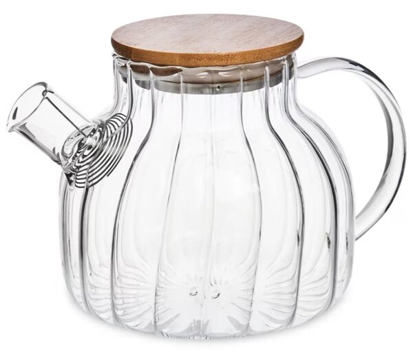 Ceainic Pufo din sticla cu capac din lemn, 1L- ideal pentru ceai, infuzii si servire eleganta