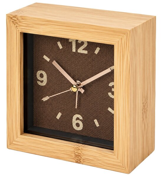 Ceas de masa desteptator patrat Pufo Bamboo 10 cm, maro, design elegant pentru dormitor sau birou