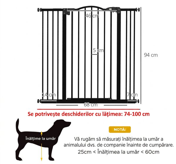 PawHut Poartă Extensibilă pentru Câini fără Șuruburi, Poartă de Siguranță Reglabilă, 94-100x94 cm, Negru | Aosom Romania