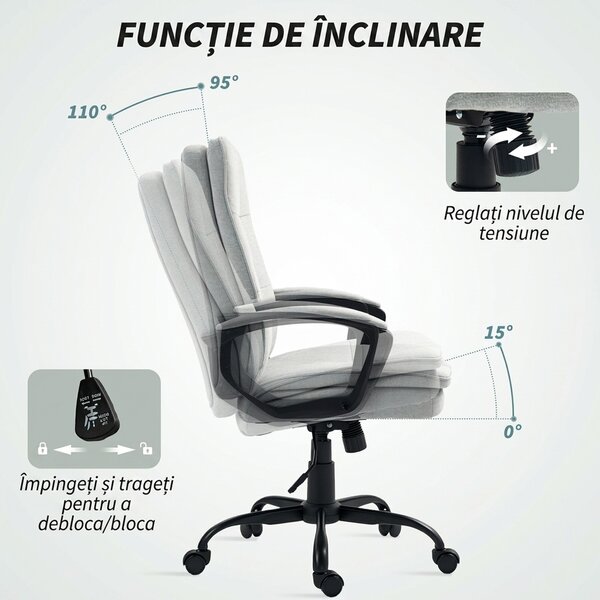 HOMCOM Scaun de Birou Ergonomic cu Spătar Înalt, Înălțime Reglabilă, Funcție de Leagăn și Brațe, 63x70x102-112 cm, Gri | Aosom Romania