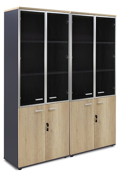 Dulapuri Lotus cu 4 usi din sticla/lemn de culoare stejar-gri inchis 160x45x180cm