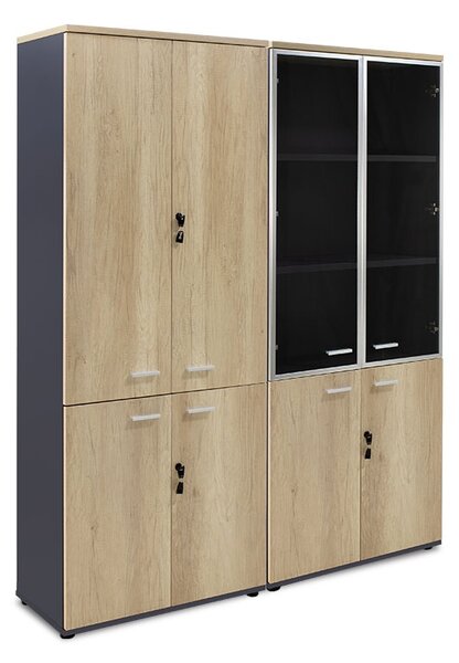 Dulapuri Lotus cu 4 usi din sticla/lemn de culoare stejar-gri inchis 160x45x180cm