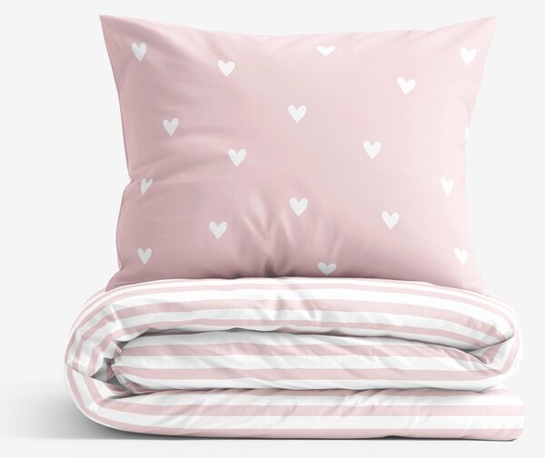 Goldea lenjerie de pat din 100% bumbac - inimioare pe roz pudră cu dungi 200 x 200 și 2buc 70 x 90 cm