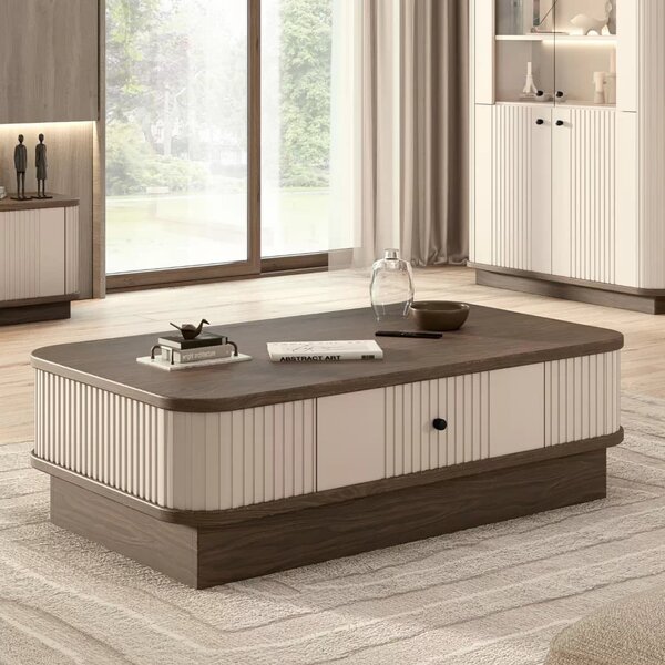 Măsuță de cafea Vesper 103x60 cm cu sertar pe plintă - cashmir / nuc / mâner negru