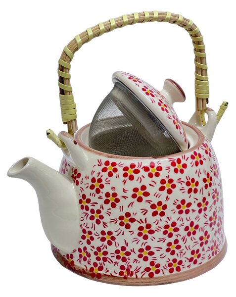 Ceainic Ceramic cu maner din bambus, Flowers Red, 800 ml