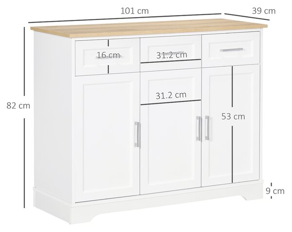 HOMCOM Bufet Modern din MDF și PAL cu Raft Reglabil, Dulap Multifuncțional cu 3 Sertare și 3 Uși, 101x39x82 cm, Alb | Aosom Romania