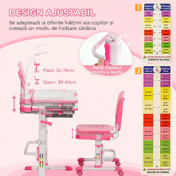 HOMCOM Birou pentru Copii cu Scaun Reglabil, Masă cu Sertar, Lampă și Suprafață Înclinabilă, 80x49,5x82-104 cm, Roz | Aosom Romania