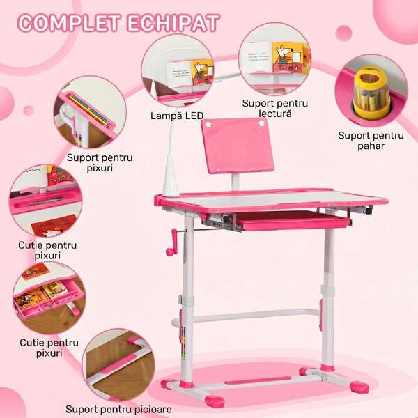HOMCOM Birou pentru Copii cu Scaun Reglabil, Masă cu Sertar, Lampă și Suprafață Înclinabilă, 80x49,5x82-104 cm, Roz | Aosom Romania