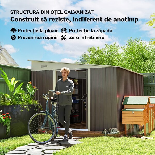 Outsunny Magazie de Grădină cu Ușă Glisantă din Oțel Zincat Gri | Aosom Romania